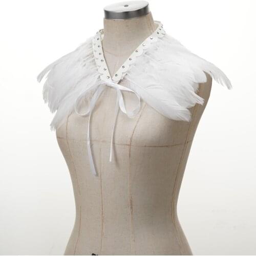 Natural Feather Shrug Cape Vintage Gothic Punk Shoulder Wrap Shawl Adjustable Ribbons Shrug Collar for Halloween Party Cosplay