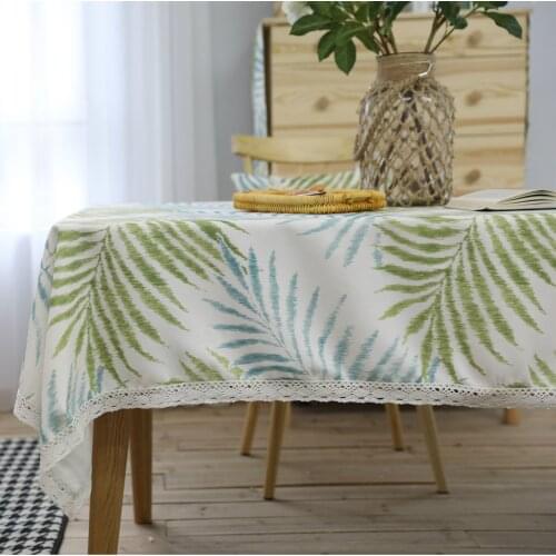 Natural Linen Green Leaves Printed Tablecloth Rectangular Dustproof Decorative Dining Table Cover For Wedding Banquet Party