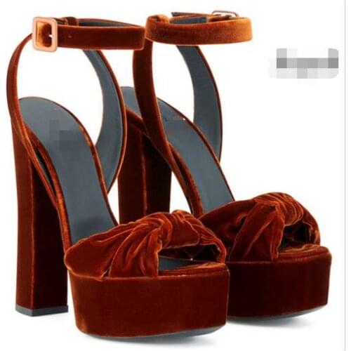 New fashion Party Ankle Strap Sandals Women Velvet Platform Pumps Thick High Heels Peep-Toe Knotted Shoes Plus size