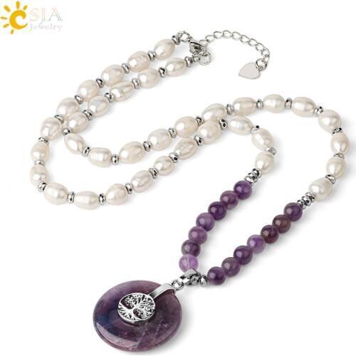 CSJA Oval Natural Pearl Necklaces Tree of Life Hollow Round Peace Buckle Crystal Pendants for Women Elegant Fashion Jewelry G459