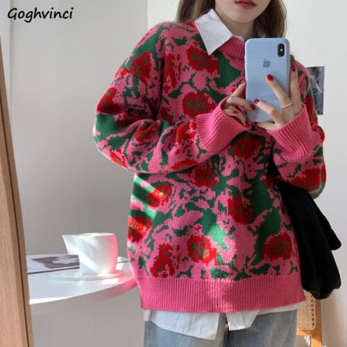 Pullovers Women Harajuku Baggy Korean Style New Vintage Streetwear Floral Printed Outwear Students Design Aesthetic Fashion Ins