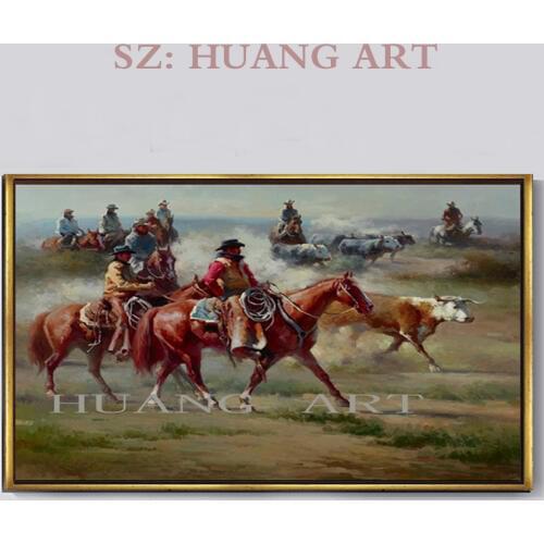 RestorinAmerica West Cowboy horse racing oil painting 3d art metal home goods horse oil painting Decorating the hall hotel club