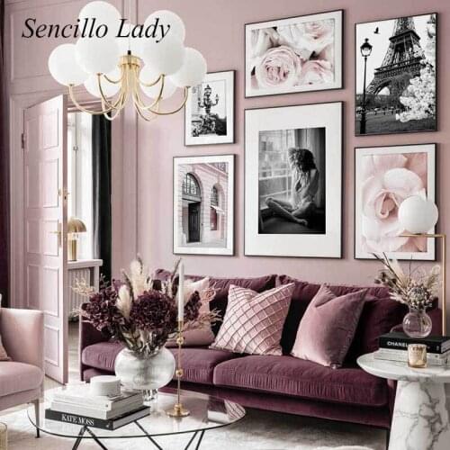 Pink Peony Flower Eiffel Tower Canvas Painting Fashion Model Girl Wall Poster Nordic Art Floral Print Bedroom Decoration Picture