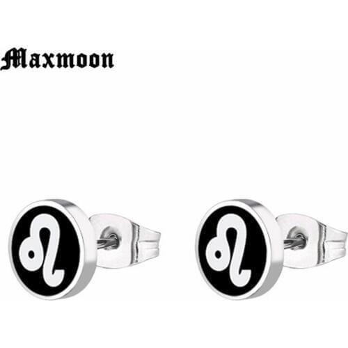 Maxmoon Mens Leo Stud Earrings Twelve Constellations Male Jewelry Stainless Steel Piercing Ear Clip Piercing Brincos 8MM