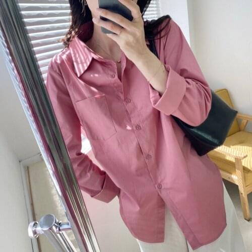 Sherhure 2020 Women Pure Color Pink Turn Down Collar Womens Tops And Blouses Cotton Shirt Blusas Roupa Feminina