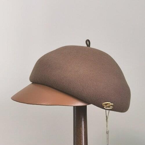 New Autumn Winter Japanese Designer Wool Cap Women PU Leather Retro Fedora Ladies Navy Hat Casual Painter Visor Hat Fascinator