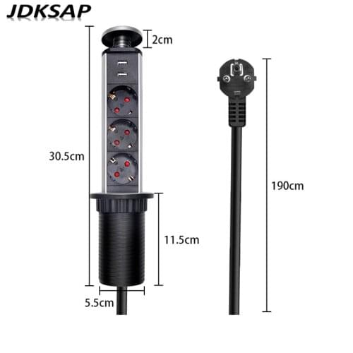 EU Plug 3 power Kitchen Table Electrical Socket Desktop Sockets Power 1 Led+2 charge USB Aluminum Shelf