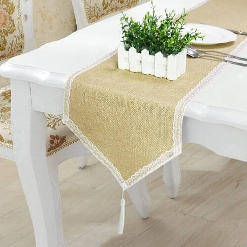 Burlap Table Runner With Tassel For Dining Table Cloth Lace Retro Country Style Hotel Decoration Home Decor For TV Cabinet Cover