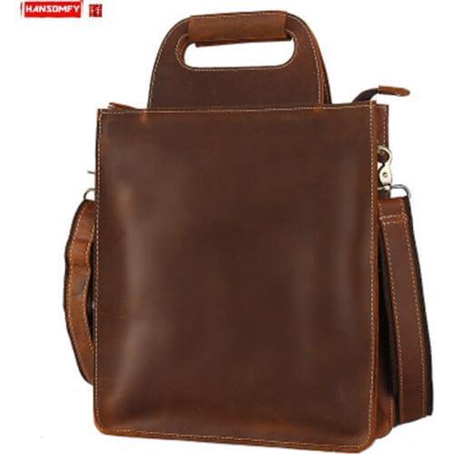 New Mens Handbag Genuine Leather Men Shoulder Crossbody Bag 13" Laptop Bags Vertical Square Retro Handmade First Layer Leather