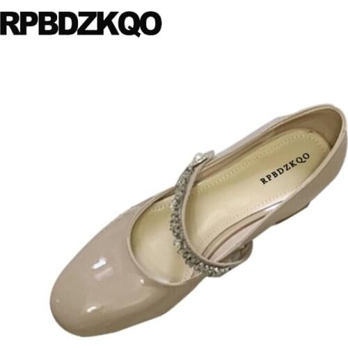 Fashion Shoes Brand Block Strap Pumps Ladies Patent Leather Pearl Mary Jane Crystal Square Toe High Heels Diamond Japanese Nude