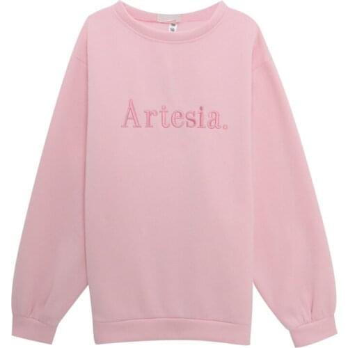 Winter Plus Velvet O-neck Women Hoodie High Quality One Size Sweatshirt Embroidered Harajuku Aresia Pink Letters Pullover Female