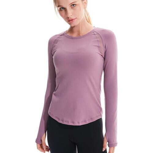 Womens Autumn New Yoga T-shirt Solid Color Slim Quick Dry Elastic Breathable Mesh Tops Long sleeves Thumb Hole Sports T shirt