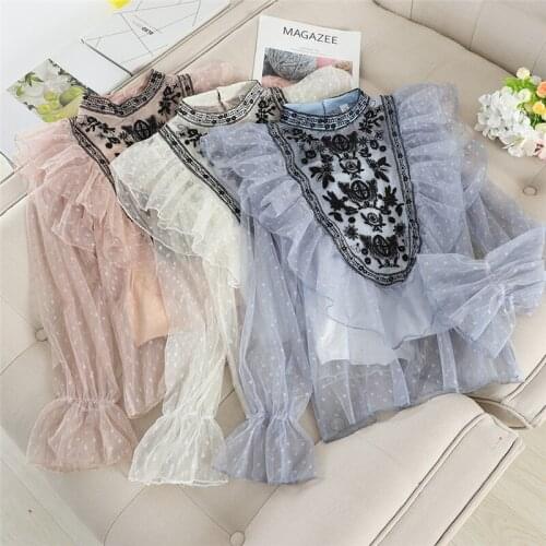 2020 Two Pieces Shirt +Tank Women Ruffles Mesh Blouse Hook flower Lace Shirts Female Flare Sleeve Hollow Out Blouses Tops AB1865