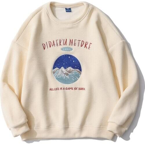 Streetwear Women Men 2021 Fashion Woman Retro Hong Kong Style Snow Mountain Pattern Sweater Loose Couple Tops Printed Casual