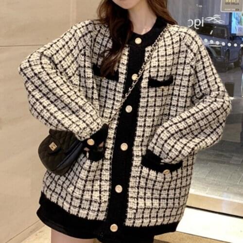 Autumn 2021 New Sweater Coat Retro Shirt Check Long Sleeve Single Breasted Plaid Loose Knit Cardigan Tide Ladies Tops LY6265