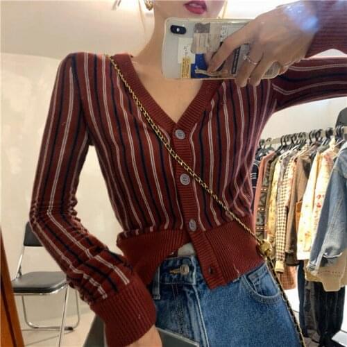 Woman Sweaters Cardigan Striped Knitted Cardigan Women Coat Spring V-neck Long Sleeve Short Top Winter Clothing Sueters De Mujer