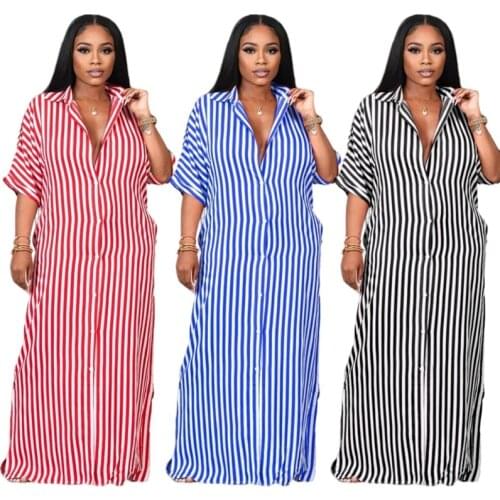 Women Striped Printed Summer Shirt Long Dress Half Sleeve Turn Down Collar Casual Loose Floor Length Button Up Bodycon