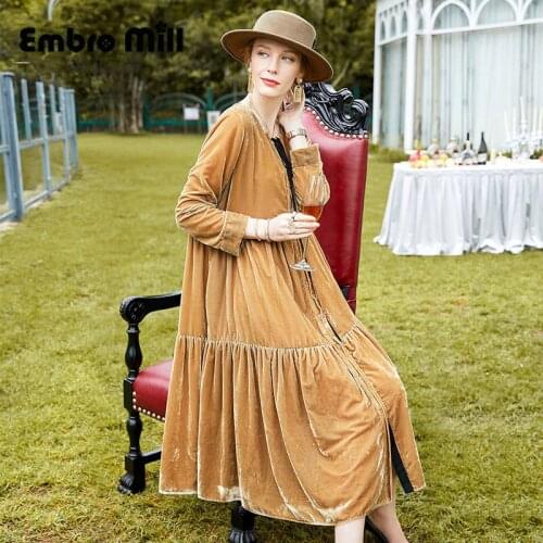 Autumn New Luxurious Celebrity Flocking Long Dress Street Style O-Neck Wrist Sleeve High Waist Loose Lady Dress S-XL