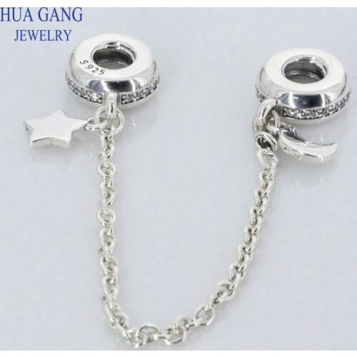 100% 925 Sterling Silver Stars moon Chains Safety Chain Charm Beads Fits Original Brand DIY Bracelet Jewelry Making