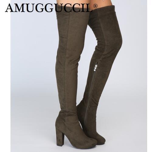 2021 New Plus Big Size 34-43 Amy green Black Zip Fashion Sexy Thigh High Heel Over The Knee Female Lady Winter Women Boot X1757