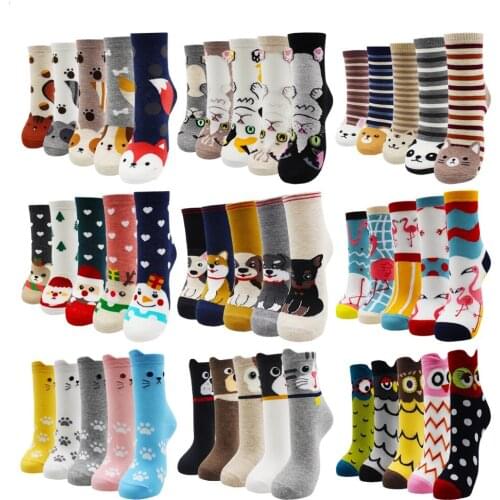 5 Pairs Fashion Colorful Kawaii Cute Cartoon Cotton Women Socks Harajuku Korean Cat Dog Owl Duck Fox Girl Socks