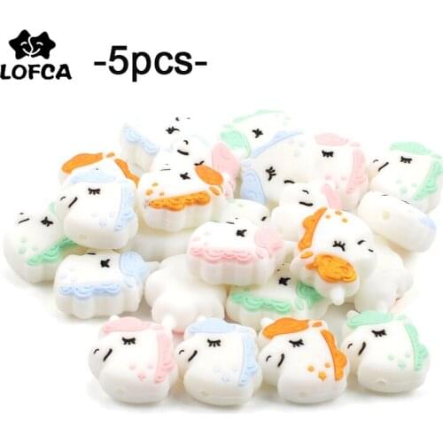 LOFCA Infant Teether Silicone Beads 5pcs unicorn Round Silicone Baby Teething Beads Food Grade Nursing Chew Silicone Beads Baby