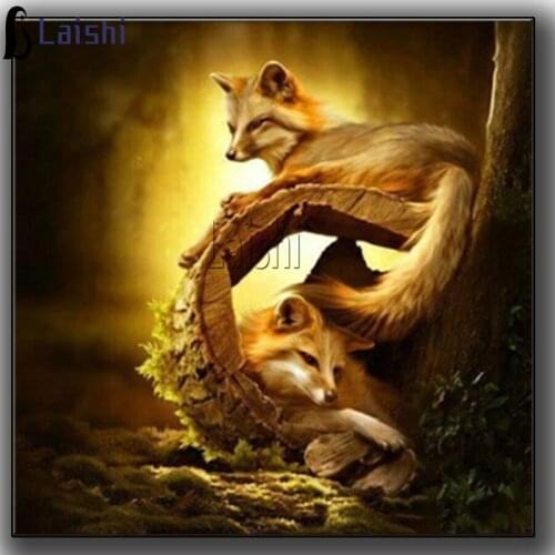 5D DIY Diamond Embroidery Sunset forest, the fox catches and hides Full Square Round Diamond Painting Cross Stitch Kit decor