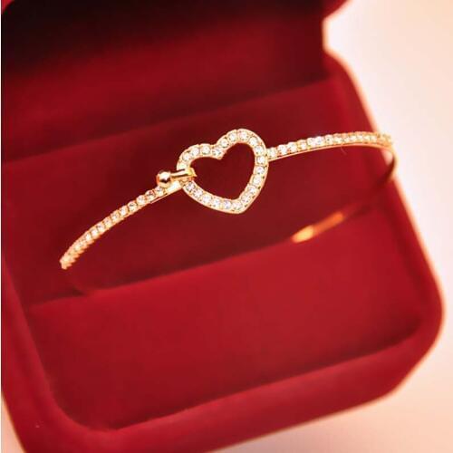 Shiny Crystal Hollow Heart & Opal Clover Leaf Metallic Golden Silver Plated Closed Bracelets & Bangles for Women