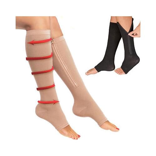New Unisex Compression Black Zipper Leg Slimming Stocking Zipper Leg Support Open Toe Knee Stockings
