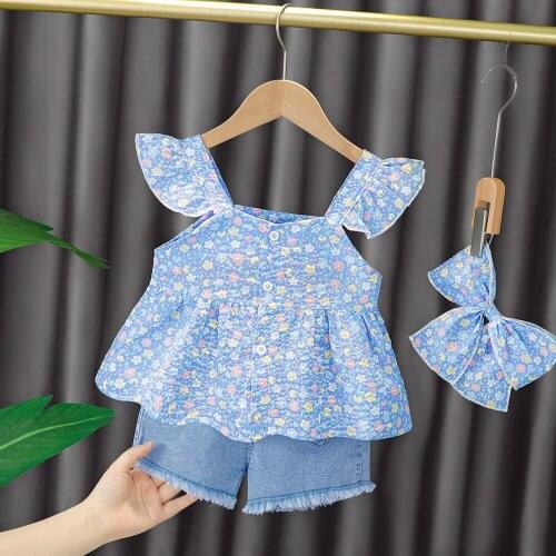 2021 Summer Toddler Baby Girl Clothes Suit Set Print Kids Princess Dress Floral Suspenders Bow Denim Shorts Children Suit