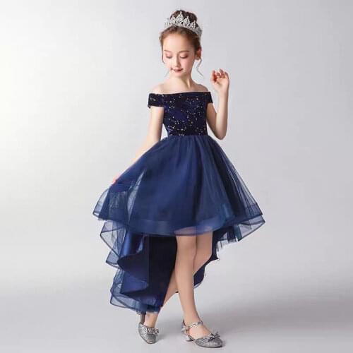 Elegant Dark Blue Beads Girl Dress Off Shoulder Girls ceremonial dress Children Pageant Party Gown Flower Girl Dress for Wedding