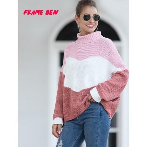 FRAME BEN Womens Autumn 2019 New Color Turtleneck Sweater Loose Long Sleeve Patchwork Knit Sweater Basic Pullover