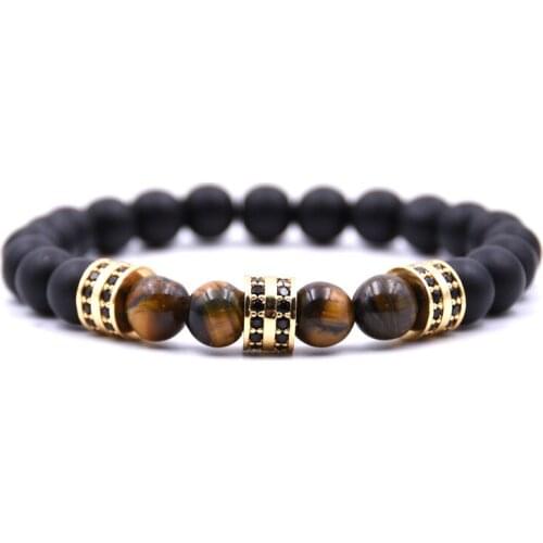 HYHONEY Micro Pave CZ Charm Bracelets For Women 8mm Matte beads Tiger eyes stone Men Jewelry pulseras