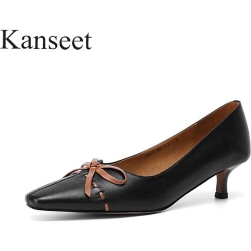Kanseet Real Leather Square Toe Fine Heels Woman Pumps 2021 Spring Summer New Butterfly-Knot Decoration Mid Heels Female Shoes