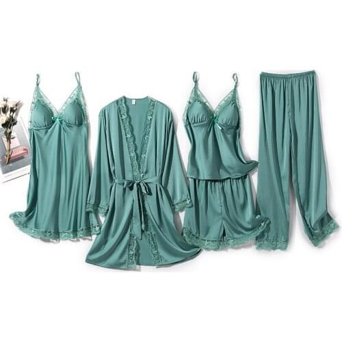 Lce Silk 5PCS Pijamas Sleep Suit Spring Sexy Womens V-Neck Pajamas Sets Casual Nightwear Home Wear Sleepwear Intimate Lingerie