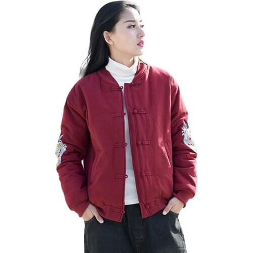 LZJN Embroidery Bomber Jacket Womens Winter Jackets and Coats Thin Parkas Chinese Cotton Jacket Overcoat Baseball Uniform 2309