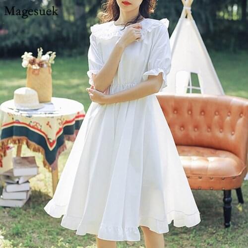 Japanese Summer Lolita Style White Dress 2021 Peter Pan Collar High Waist Dress Kawaii Girl Ruffles Princess Fairy Dresses 9857