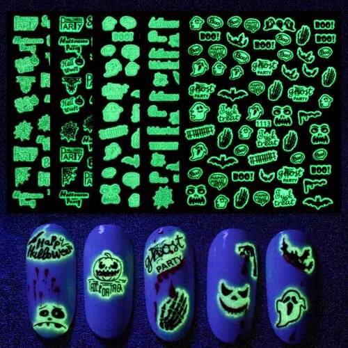 Halloween Nail Stickers Decals 3D Self-Adhesive Luminous Stickers for Nails Fluorescent Glow in the Dark Nail Art DIY Decoration