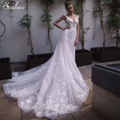 EVALOVE New Gorgeous Appliques Detachable Train Mermaid Wedding Dress Elegant Scoop Neck Beading Cap Sleeve Trumpet Bridal Gown