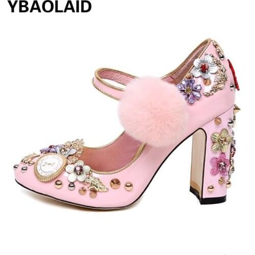 New Mirror Patent Leather Rivets Rhinestone Thick High-heeled Party Shoes Round Head Shallow Hair Ball Buckle Single Shoes Women