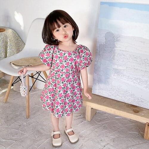 1-7T Flower Girls Dresses Toddler Kid Baby Girl Clothes Summer Short Sleeve Floral Dress Elegant Cute Sweet Cotton Sundress