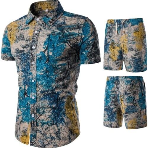 Casual Tracksuit Summer Cotton and Linen Suit Mens Short-Sleeved Shirt Shorts 2-piece Suit Plus Size Short Outwear Track Suit