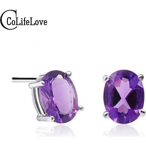 Simple Amethyst Stud Earrings Classic Solid 925 Silver Earings Natural 5*7mm Amethyst Gemstone Stud Earrings for Woman Wedding