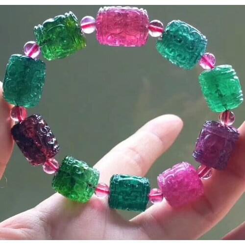 Certificate Natural Green Red Watermelon Tourmaline Crystal Rare Bracelet Barrel Craved Beads 14x11mm From Brazil AAAAAA
