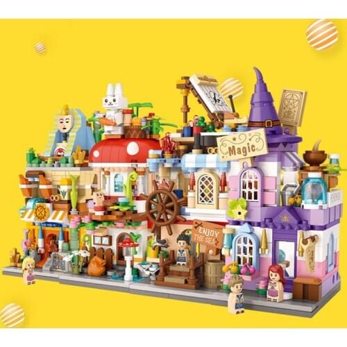 Fairy tale street view mini block Myth Magic Pirate Mushroom house amusement park building bricks toys for kids gifts