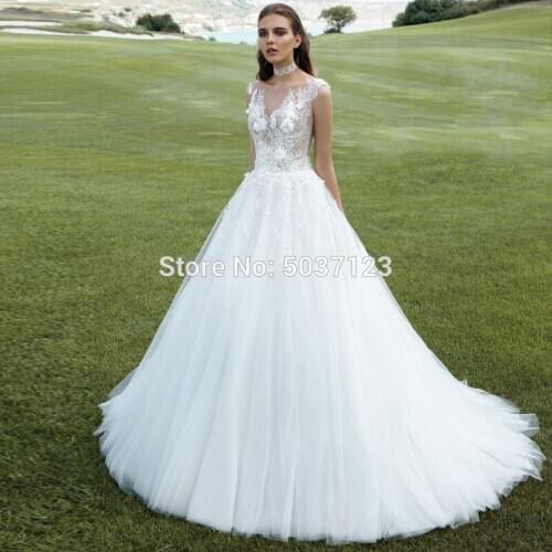 Vestido De Noiva Tulle Sleeveless 3D Flowers A Line Wedding Dresses Button Illusion Lace Appliques Court Train Bridal Gowns