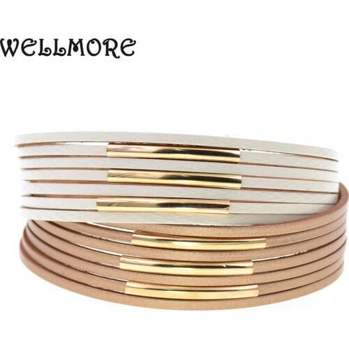 WELLMORE gold copper pipe double color charm Leather Bracelets For Women Mens wrap Bracelets Couples fashion Jewelry wholesale