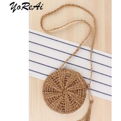 YoReAi Round Soft Paper Rope Shoulder Bag Tassel Summer Beach Handmade Crossbody Bags Women Hollow Straw Pack Circle Rattan Bag