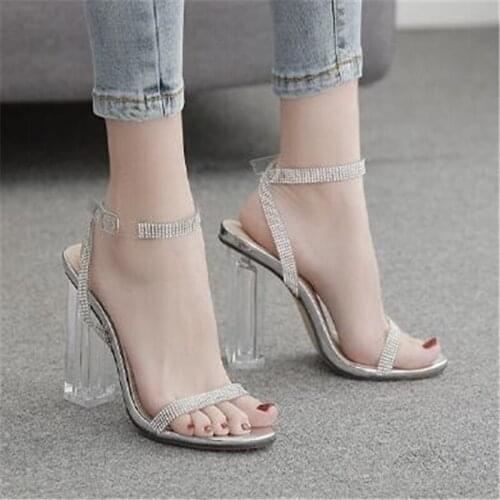 Womens shoes Xia PVC sequined fabric thick heel 11 cm round head strap transparent word rhinestone high heel sandals female
