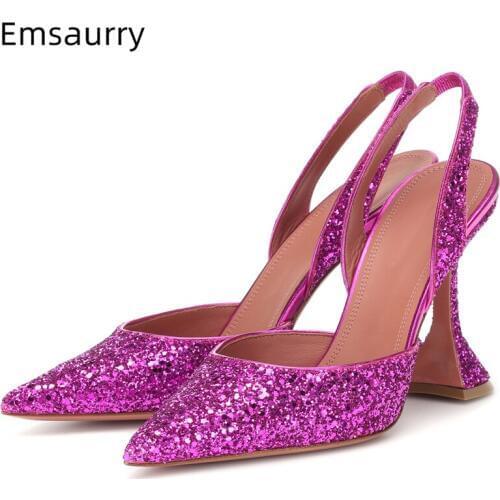2021 New Glitter Sandals Women Slim Shallow Pointy Toe Slip On Sandalias Strange Goblet High Heel Big Size Sequins Shoes Woman